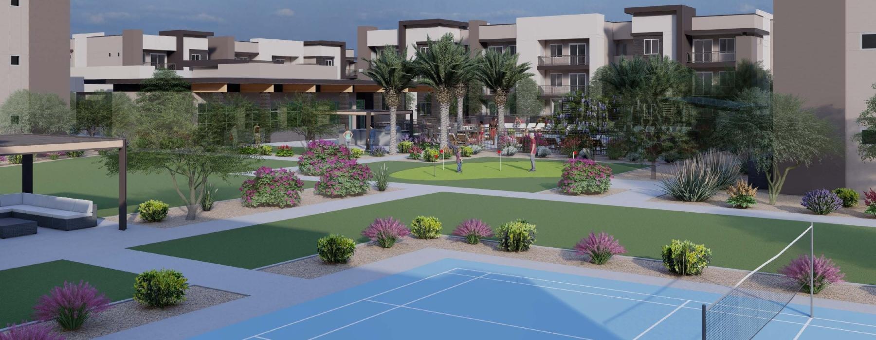 a tennis court with trees and flowers in front of a building