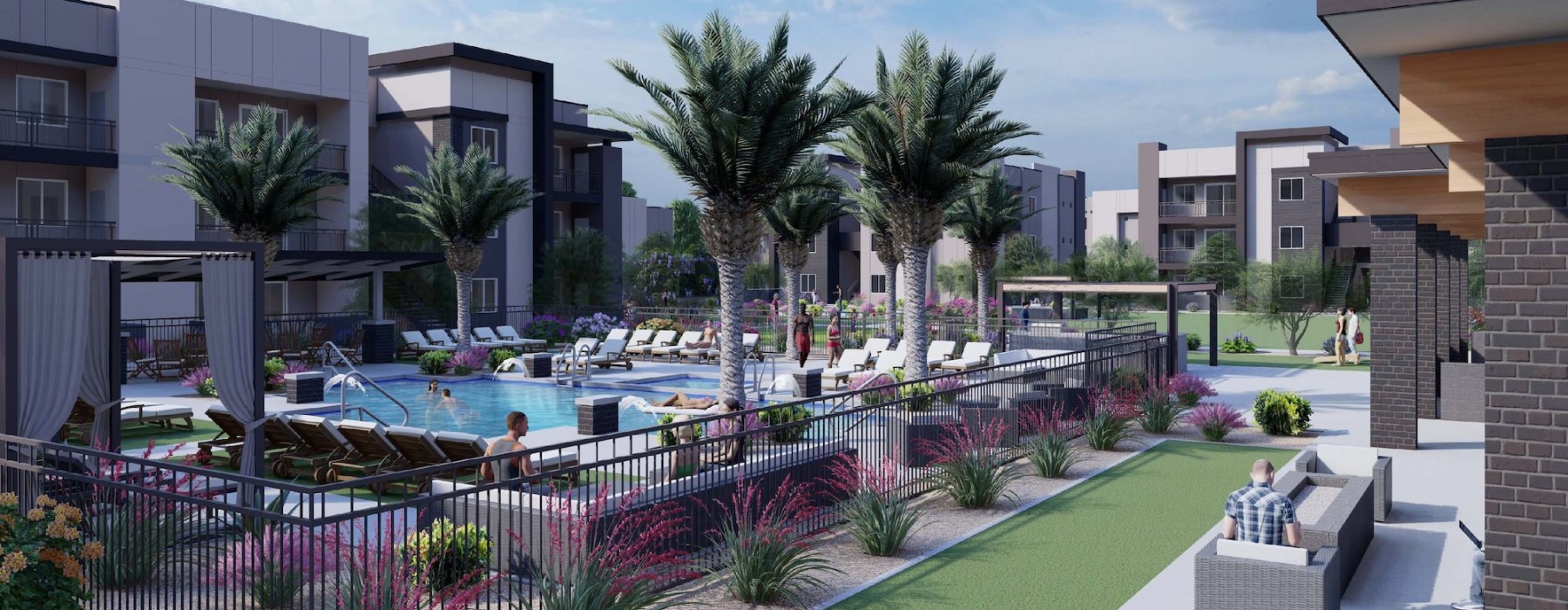 resort style pool with seating palm trees in a couryard