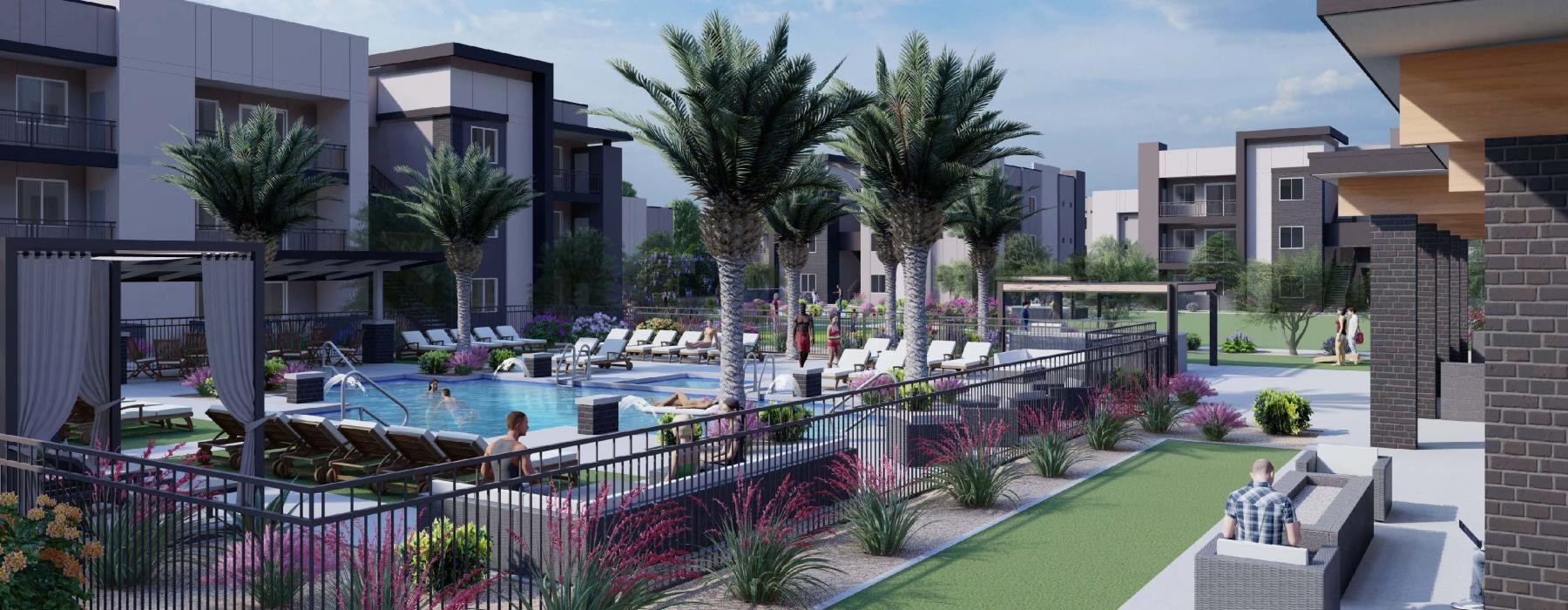 a pool in a courtyard