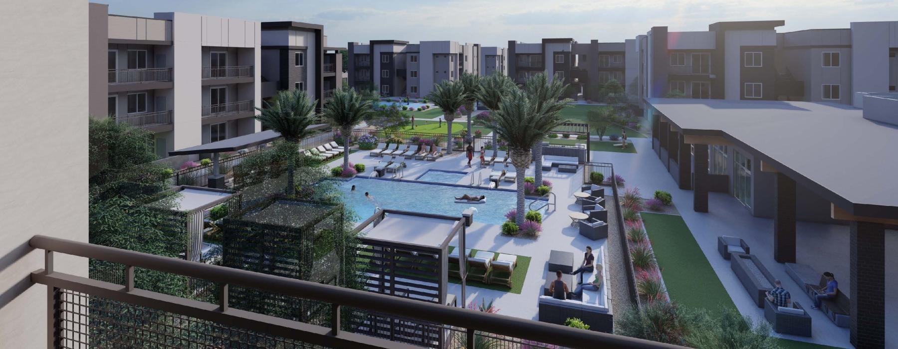 a balcony view of a building with a pool and trees