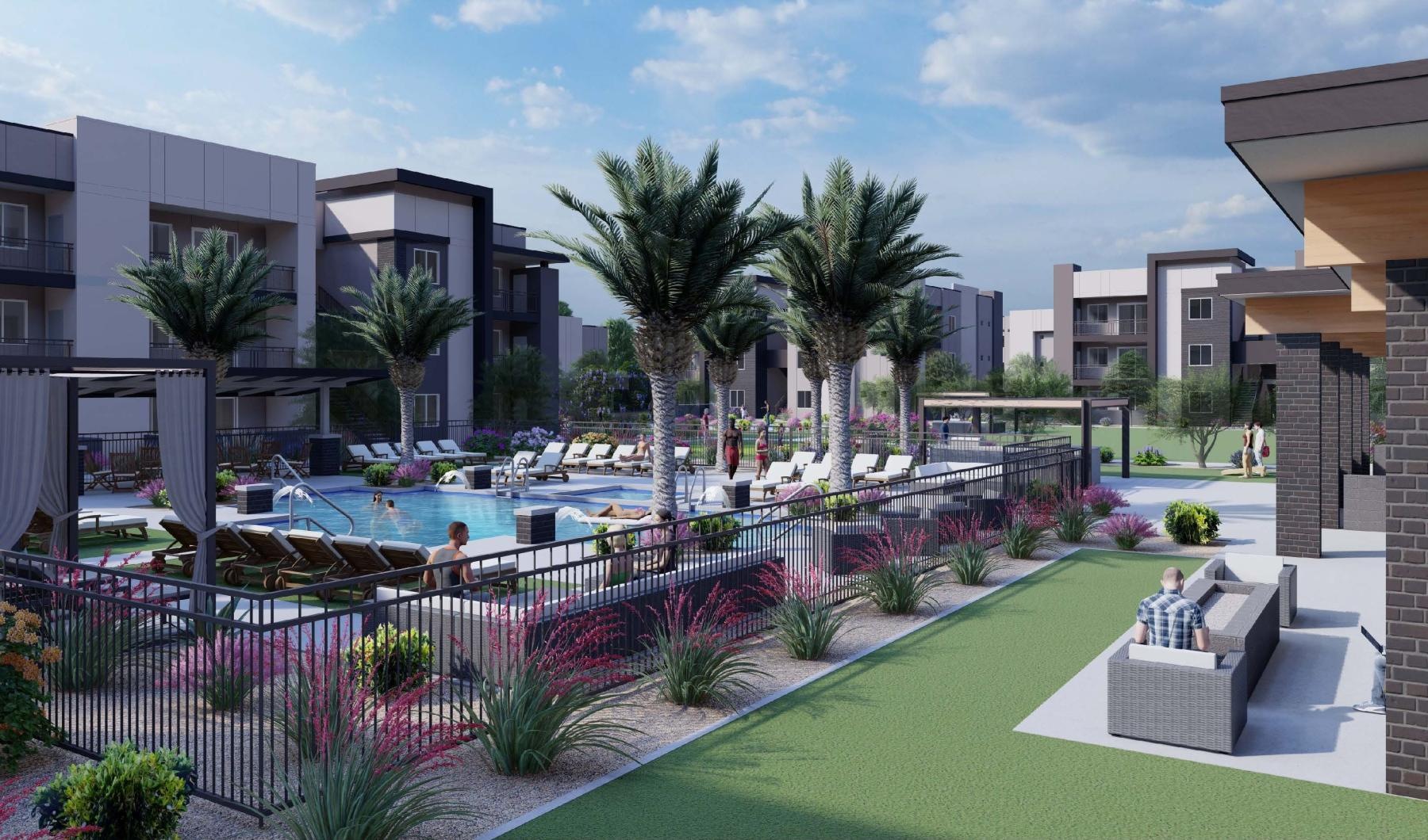 a pool in a courtyard